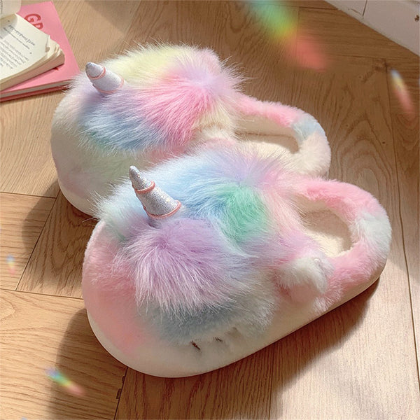 Unicorn Plush Slippers - Cozy and Soft - White and Pink - Women’s Home Shoes