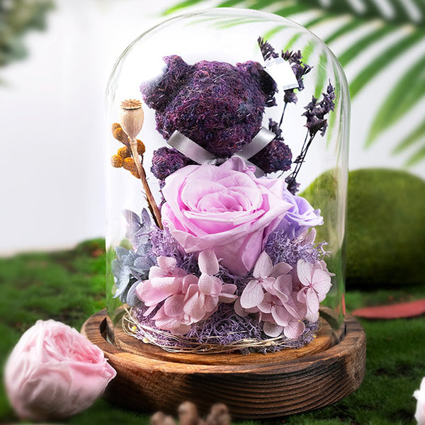 Moss Bear Preserved Flower Glass Dome - Everlasting Roses - Red - Pink - Purple - Blue - Valentine’s Gift