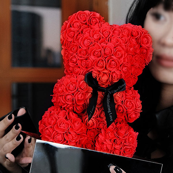 Rose Teddy Bear Figurine - Handcrafted with PE Material - Red, White, Pink - Acrylic Cover Protection - Valentine's Gift