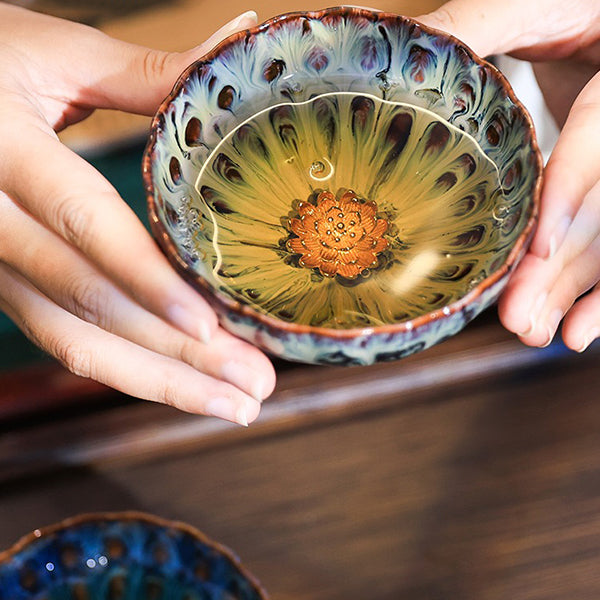 Handcrafted Ceramic Tea Cups - Lotus & Peacock Design - Glazed Finish - Tea Set Gift Box