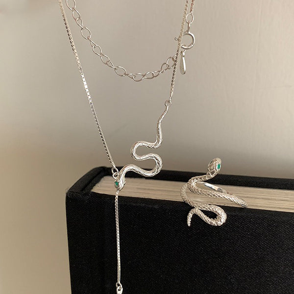 Snake-Inspired Jewelry - 925 Sterling Silver - Ring and Necklace - Cubic Zirconia Accents - Elegant Valentine's Gift