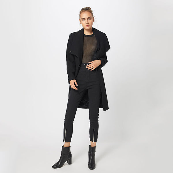 Elegant Women's Black Coat with Belt - Available in Six Sizes - Classic and Versatile