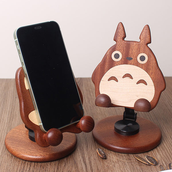 Cute Wooden Phone Stand - Totoro Shiba Inu & Cat - Foldable & Space-Saving - 360° Adjustable - Home & Office Use
