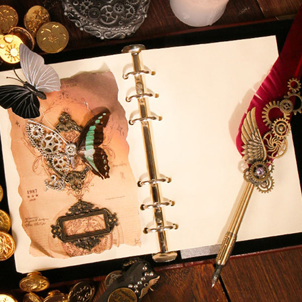 Butterfly Embossed Notebook - Steampunk Design - Real Butterfly Specimen - Refillable - Black - Brown - White