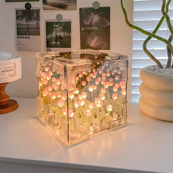 Tulip Cube Night Light - Pink - Blue - Mirror Surface Off - 20 LED Flowers - Ambient Mood Lamp