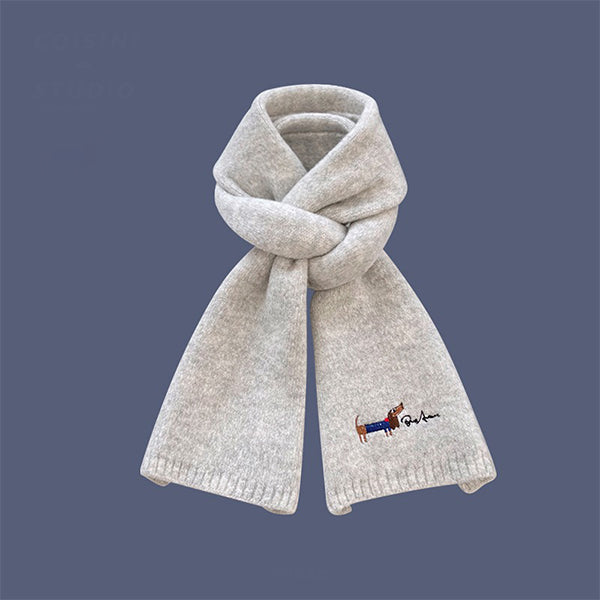 Adorable Puppy Embroidery Scarf - Soft Knit Design - Beige - Gray - Cozy Winter Warmth