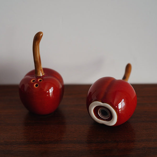 Cherry Ceramic Seasoning Jar - Hand-Painted Decor - Cute Kitchen Accent - Red Glossy Finish - 2pcs Gift Pack
