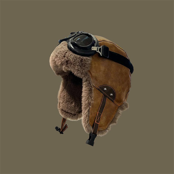 Vintage Aviator Hat - Faux Fur Lined - Outdoor Warmth - Goggles Included