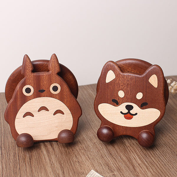 Cute Wooden Phone Stand - Totoro Shiba Inu & Cat - Foldable & Space-Saving - 360° Adjustable - Home & Office Use