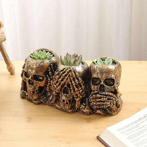 Skull Planters - Distressed White and Gold Resin Pots - Unique Gothic Home Decor