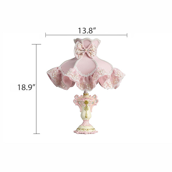 European Princess Pink Table Lamp - Resin Base with Fabric Shade - Lace Trim Bedside Light - Cute Girl’s Bedroom Nightstand Lamp