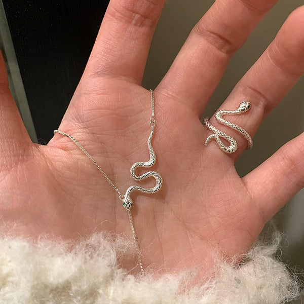 Snake-Inspired Jewelry - 925 Sterling Silver - Ring and Necklace - Cubic Zirconia Accents - Elegant Valentine's Gift