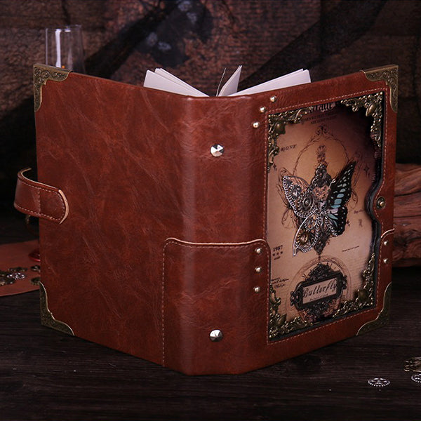 Butterfly Embossed Notebook - Steampunk Design - Real Butterfly Specimen - Refillable - Black - Brown - White