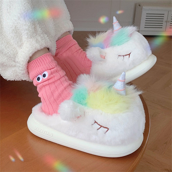 Unicorn Plush Slippers - Cozy and Soft - White and Pink - Women’s Home Shoes