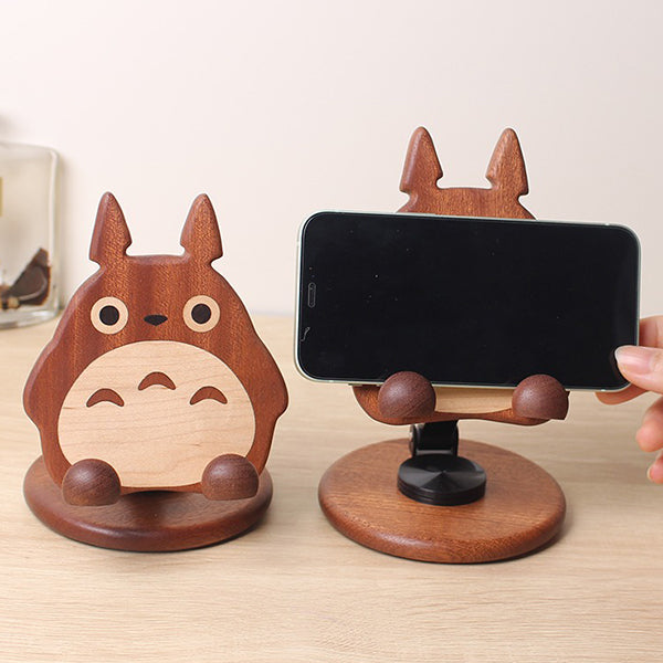 Cute Wooden Phone Stand - Totoro Shiba Inu & Cat - Foldable & Space-Saving - 360° Adjustable - Home & Office Use