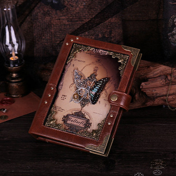 Butterfly Embossed Notebook - Steampunk Design - Real Butterfly Specimen - Refillable - Black - Brown - White