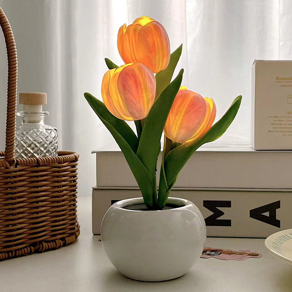Tulip Night Light - White and Pink - Rechargeable - Three Brightness Levels - Touch-Sensitive Switch - Ceramic Base