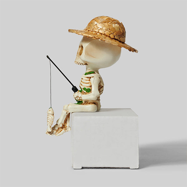 Skeletal Fisherman Figurine - Resin Craft with Straw Hat - Halloween Decoration