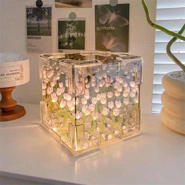 Tulip Cube Night Light - Pink - Blue - Mirror Surface Off - 20 LED Flowers - Ambient Mood Lamp