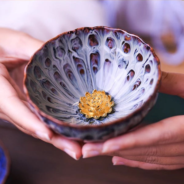 Handcrafted Ceramic Tea Cups - Lotus & Peacock Design - Glazed Finish - Tea Set Gift Box