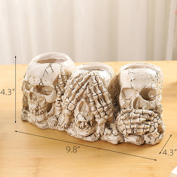 Skull Planters - Distressed White and Gold Resin Pots - Unique Gothic Home Decor