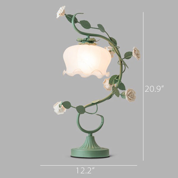 Rose-Inspired Table Lamp - Vintage Style - Iron and Glass - Pink and Green - Valentine's Gift