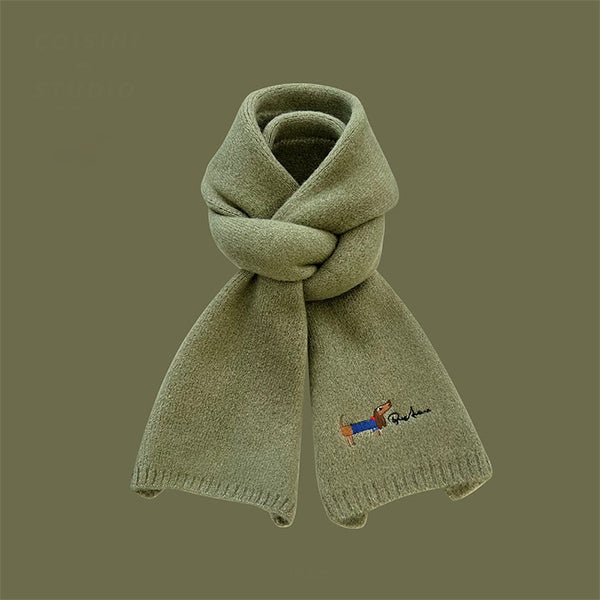 Adorable Puppy Embroidery Scarf - Soft Knit Design - Beige - Gray - Cozy Winter Warmth