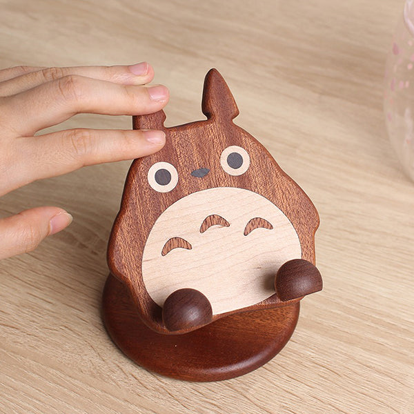 Cute Wooden Phone Stand - Totoro Shiba Inu & Cat - Foldable & Space-Saving - 360° Adjustable - Home & Office Use