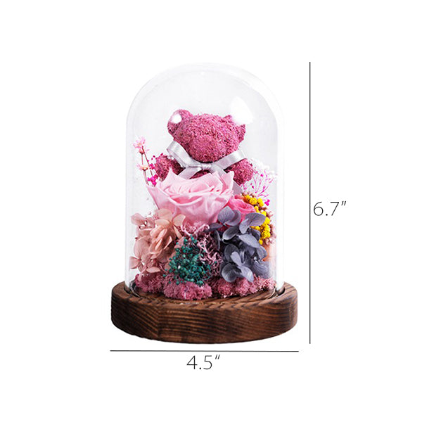 Moss Bear Preserved Flower Glass Dome - Everlasting Roses - Red - Pink - Purple - Blue - Valentine’s Gift