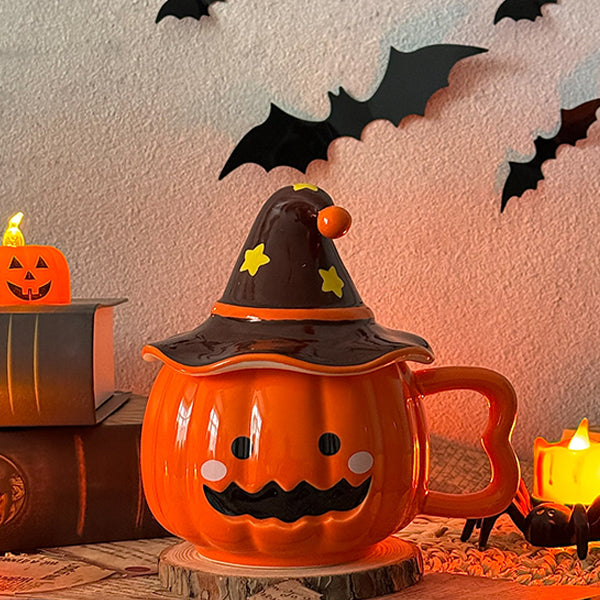 Halloween Pumpkin Mug with Enchanted Hat Lid - Brown - Black - Blue - Ceramic