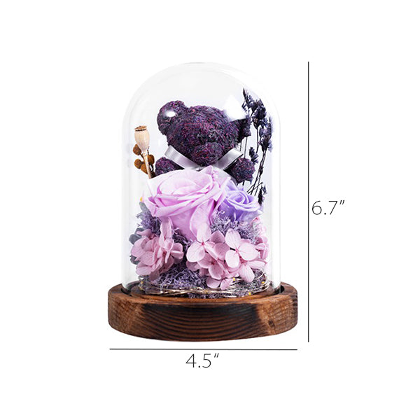 Moss Bear Preserved Flower Glass Dome - Everlasting Roses - Red - Pink - Purple - Blue - Valentine’s Gift