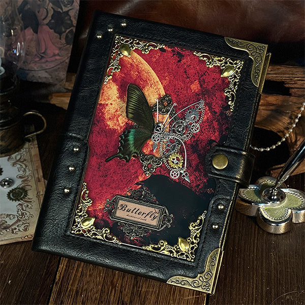 Butterfly Embossed Notebook - Steampunk Design - Real Butterfly Specimen - Refillable - Black - Brown - White