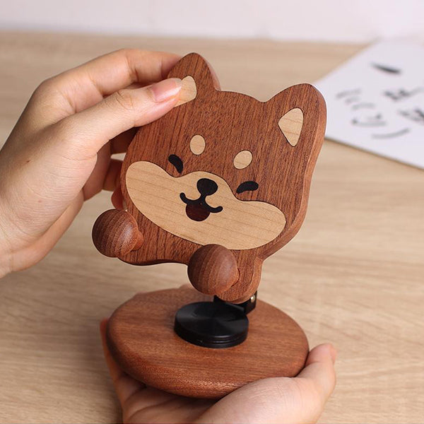 Cute Wooden Phone Stand - Totoro Shiba Inu & Cat - Foldable & Space-Saving - 360° Adjustable - Home & Office Use
