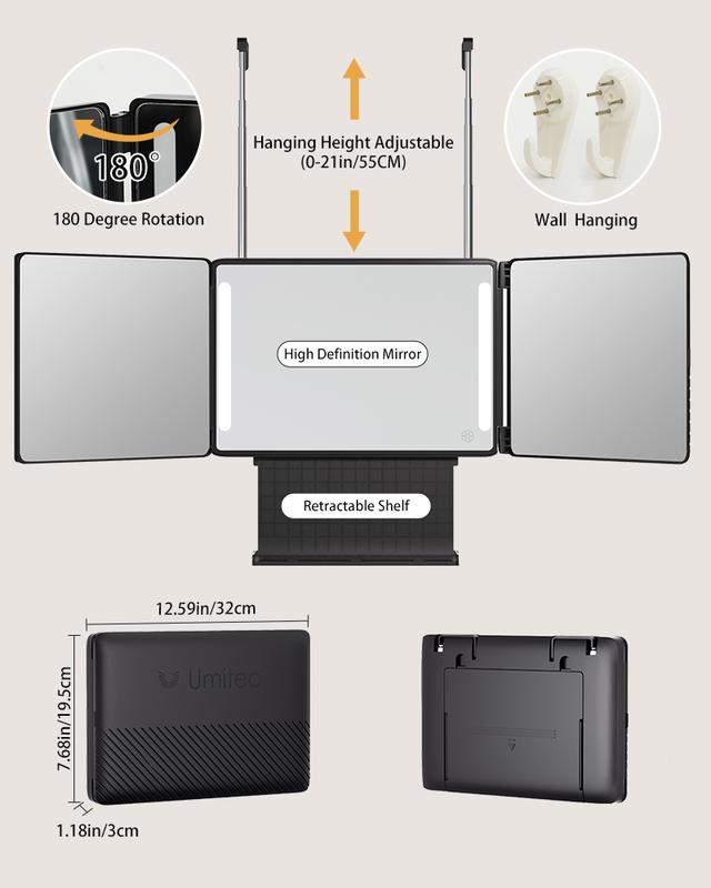 Umitec 360° Trifold Mirror with Adjustable LED Light for Self Haircuts & Grooming