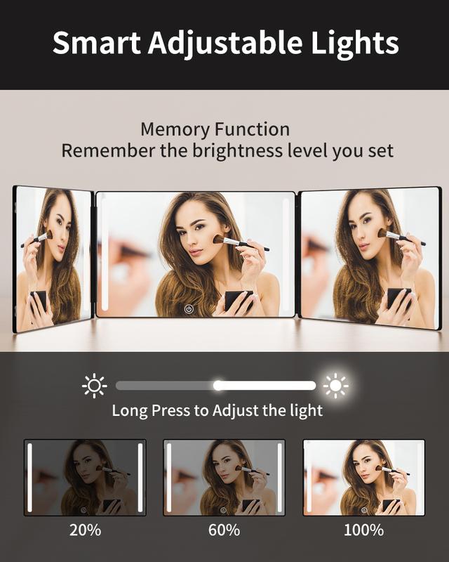 Umitec 360° Trifold Mirror with Adjustable LED Light for Self Haircuts & Grooming