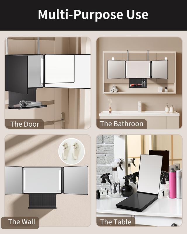Umitec 360° Trifold Mirror with Adjustable LED Light for Self Haircuts & Grooming