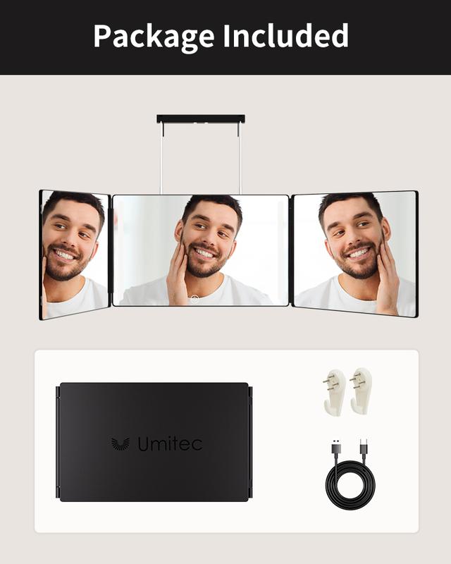 Umitec 360° Trifold Mirror with Adjustable LED Light for Self Haircuts & Grooming
