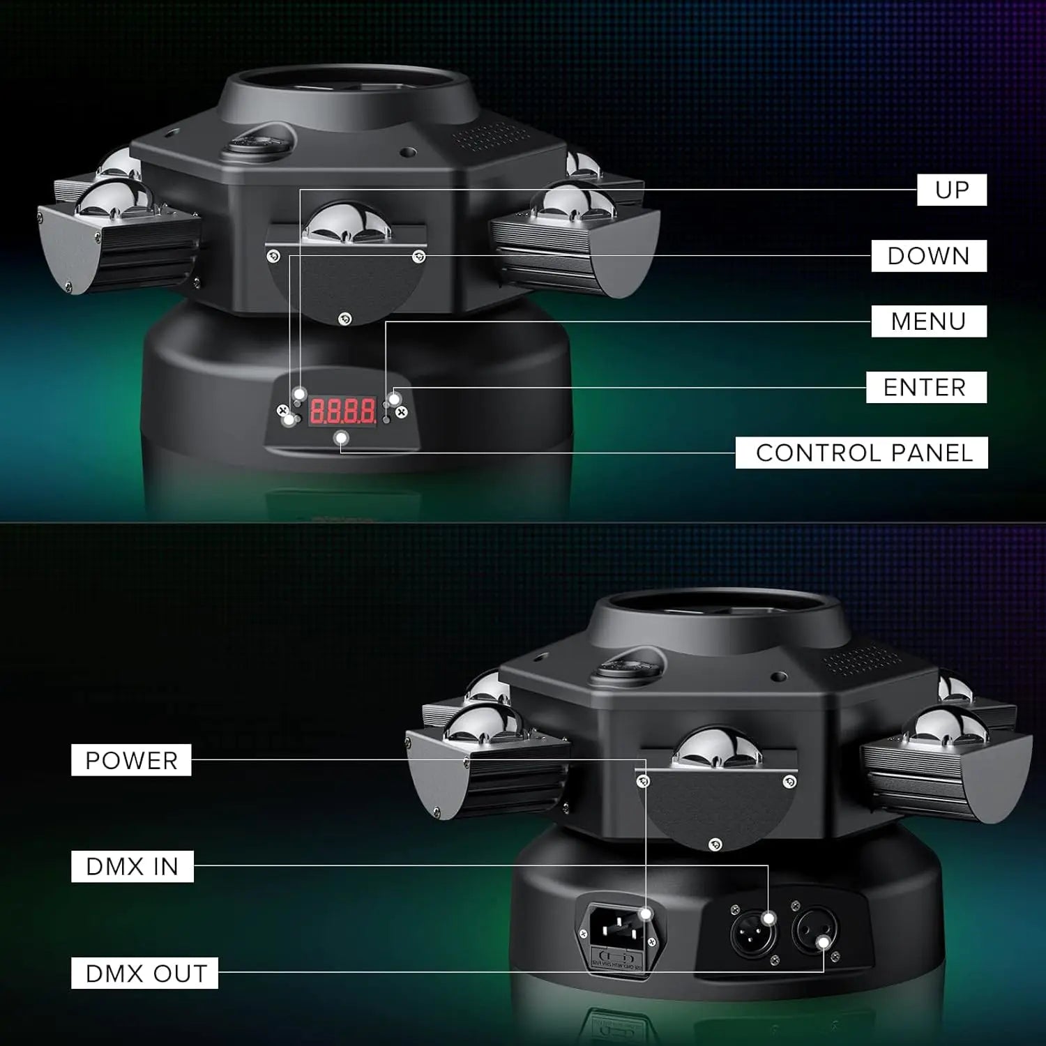 🔥Christmas Promotion $119.99🔥-150W Party Light: RGBW Moving Head with Voice Control & 6 LED Arms