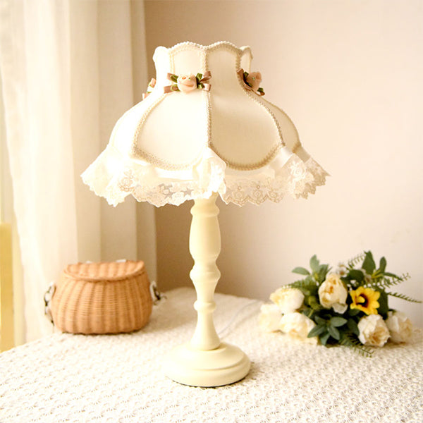 Vintage Lace Bedside Lamp - Romantic Princess Style - Wooden Base with Fabric Shade - Retro Bedroom Nightstand Light