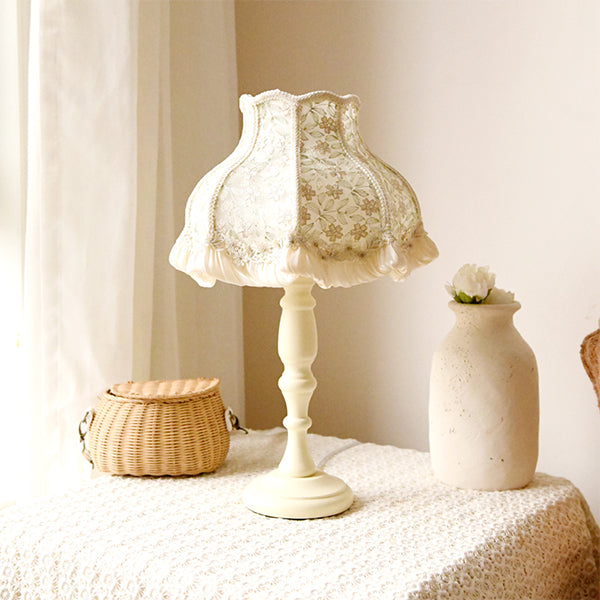 Vintage Lace Bedside Lamp - Romantic Princess Style - Wooden Base with Fabric Shade - Retro Bedroom Nightstand Light