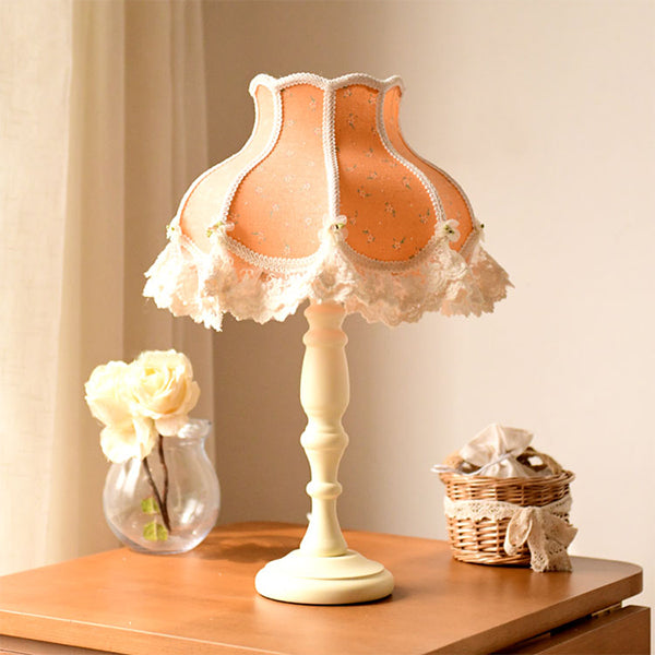Vintage Lace Bedside Lamp - Romantic Princess Style - Wooden Base with Fabric Shade - Retro Bedroom Nightstand Light