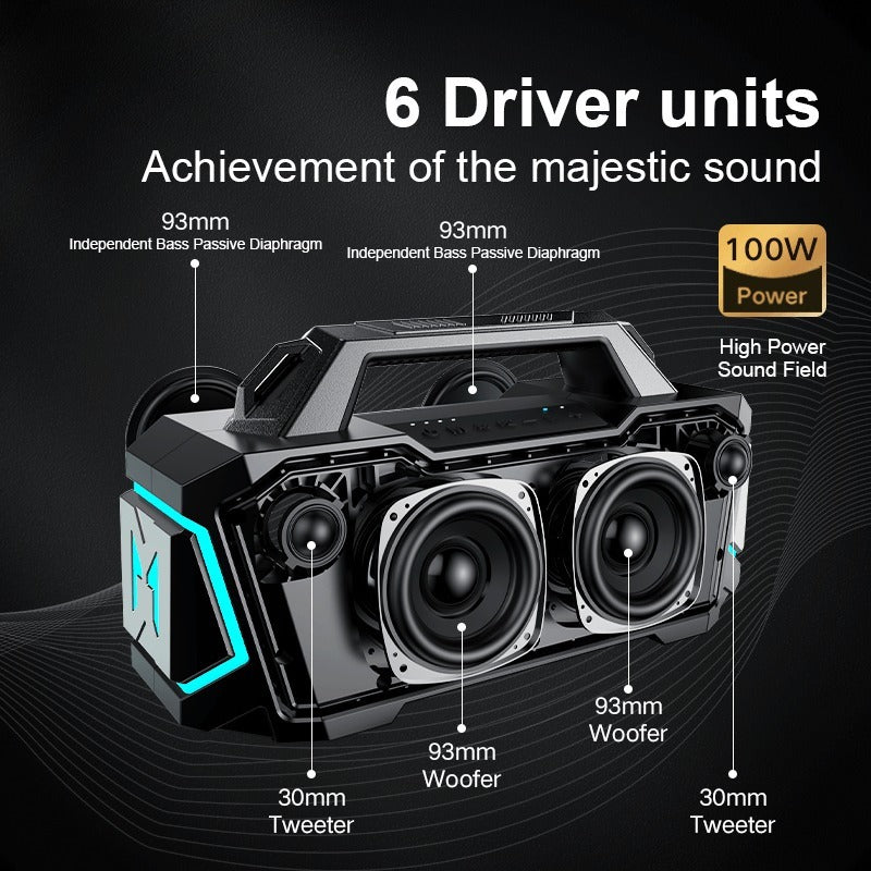 Portable Bluetooth Speaker - 100W Deep Bass - 6-Driver Surround Sound - KTV & Hi-Fi Modes - Wireless Outdoor Speaker - Built-in Handle Design